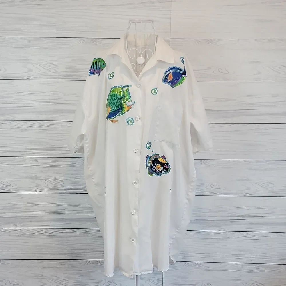 Upcycled White Button-Up Shirt with Tropical Fish Design Womens Size L